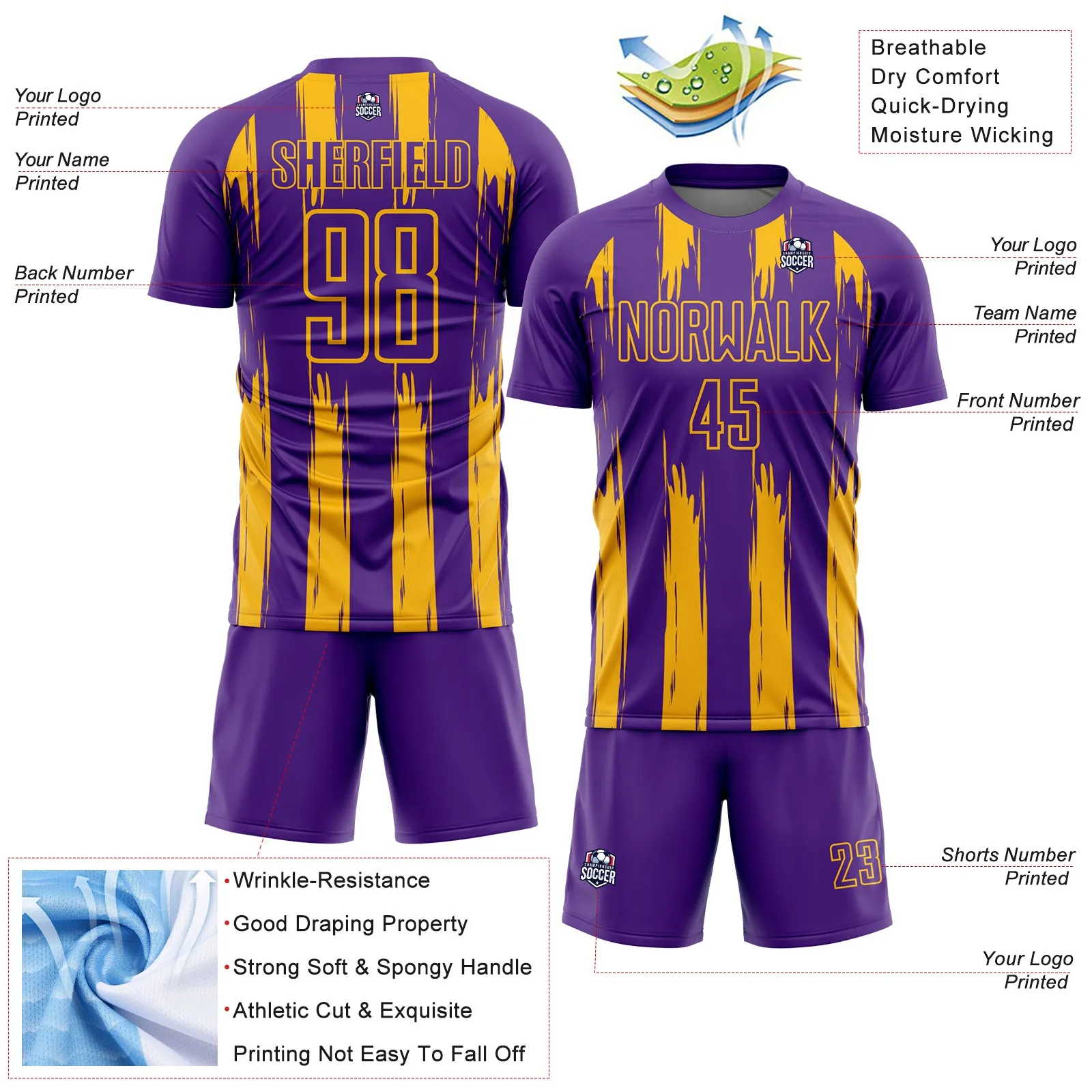 Custom Purple Gold Abstract Stripes Sublimation Soccer Uniform Jersey