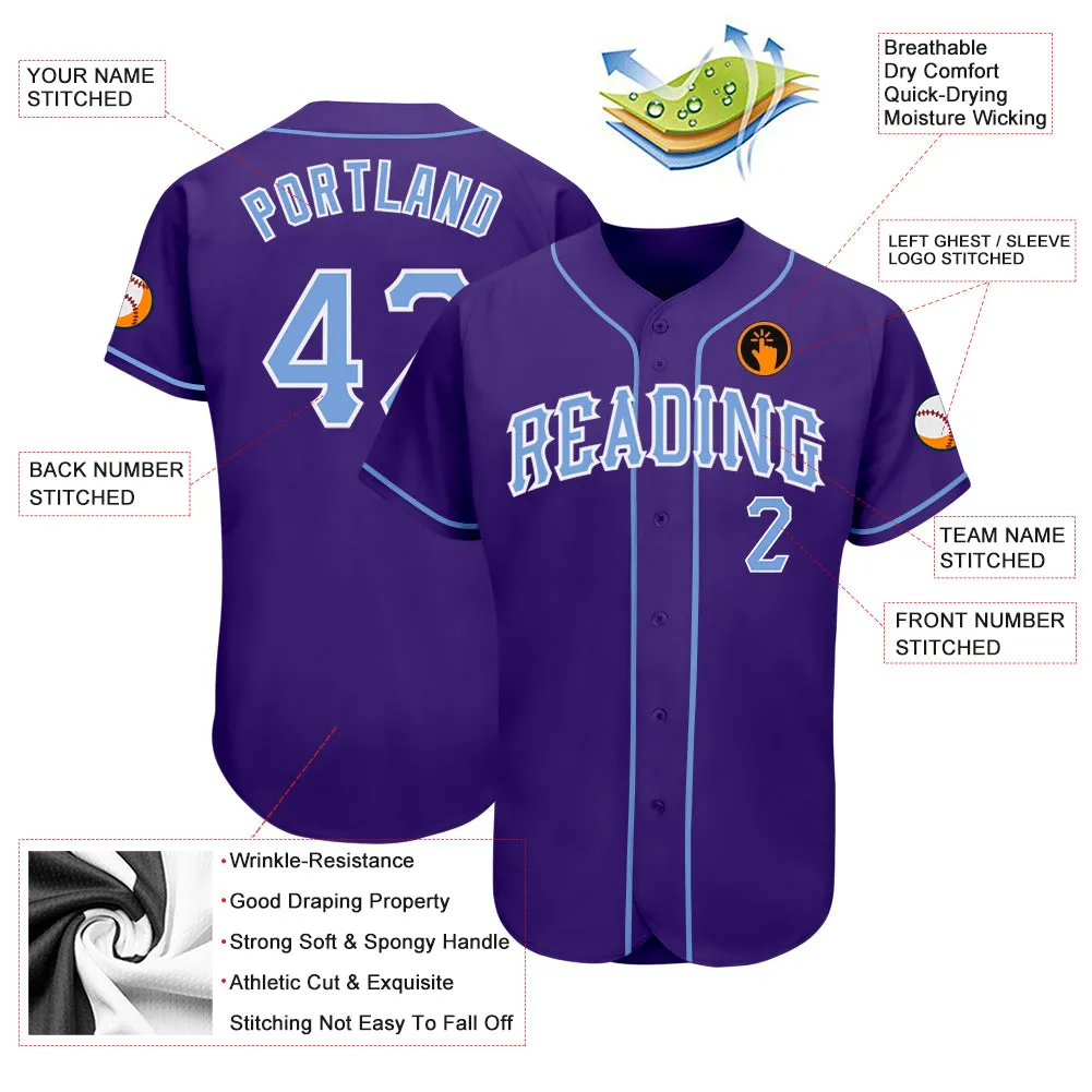 Custom Purple Light Blue-White Authentic Baseball Jersey