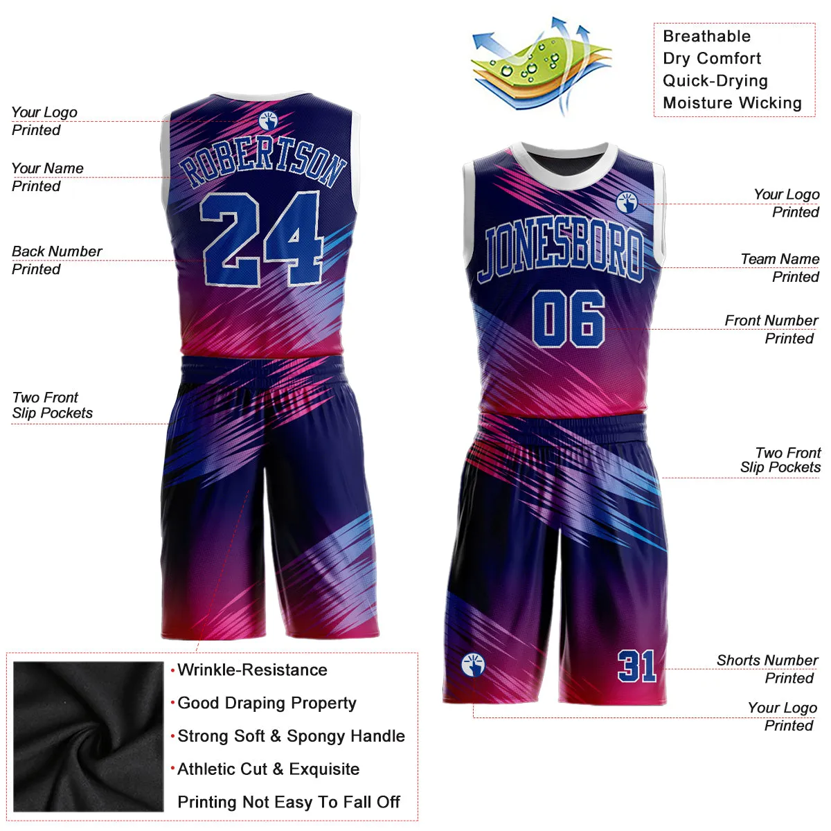 Custom Purple Royal-Pink Round Neck Sublimation Basketball Suit Jersey