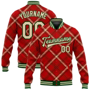 Custom Red Cream-Green Check Board 3D Pattern Design Bomber Full-Snap Varsity Letterman Jacket