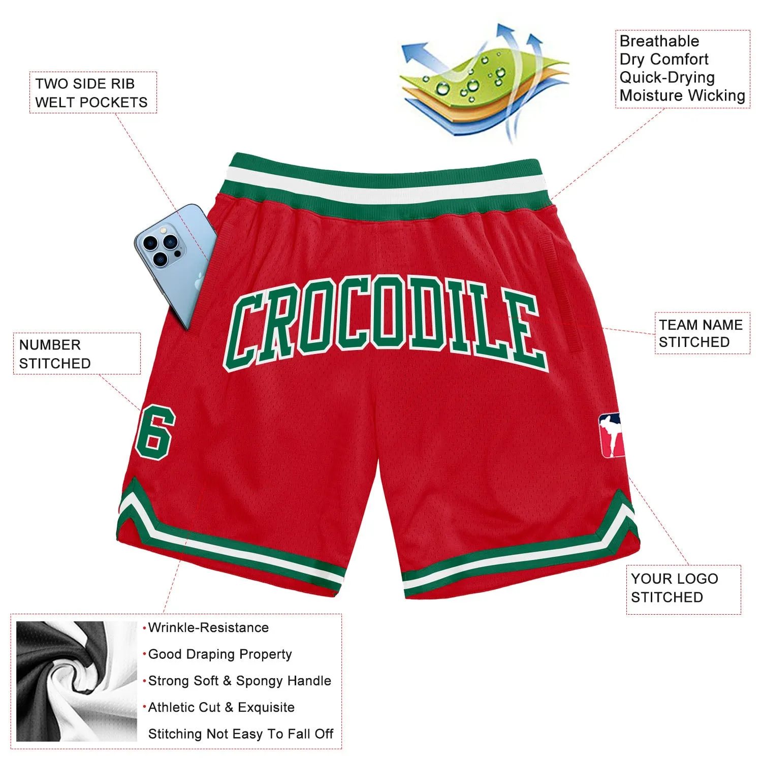 Custom Red Kelly Green-White Authentic Throwback Basketball Shorts