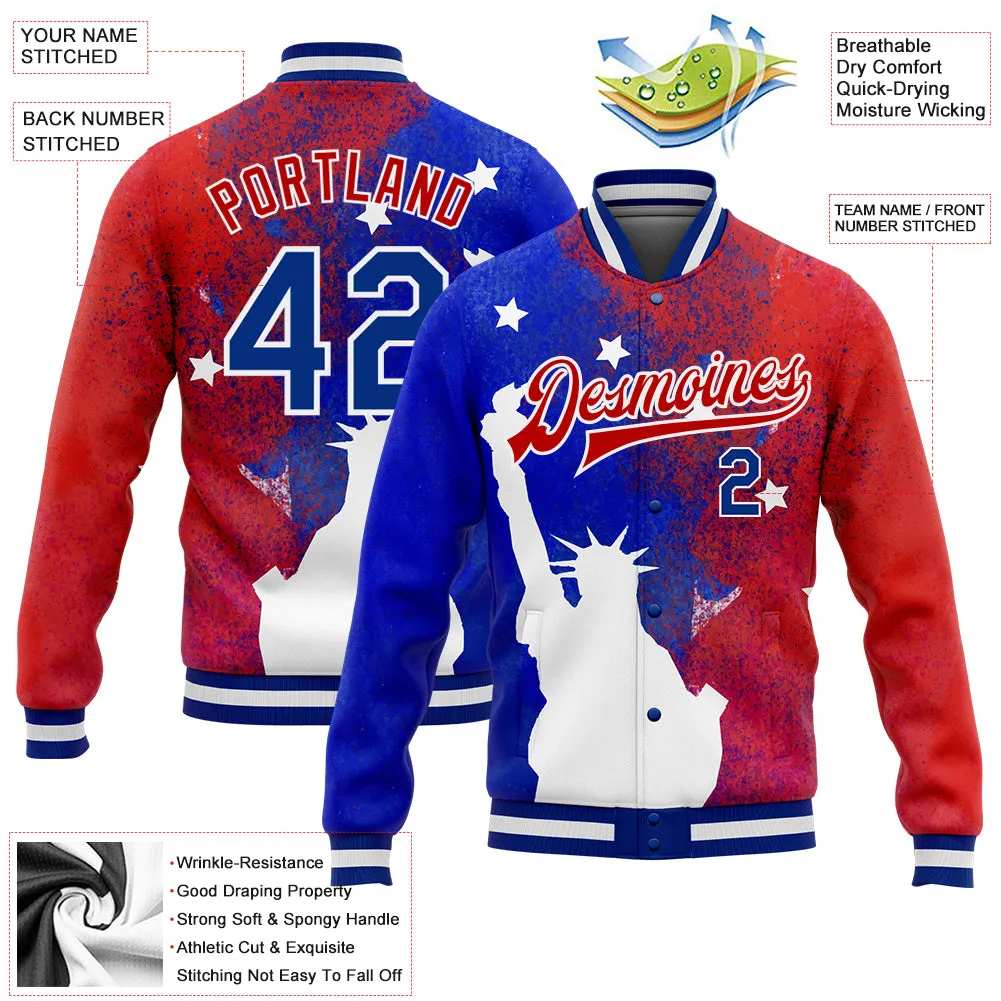 Custom Red Royal-White Statue of Liberty 3D Pattern Design Bomber Full-Snap Varsity Letterman Jacket