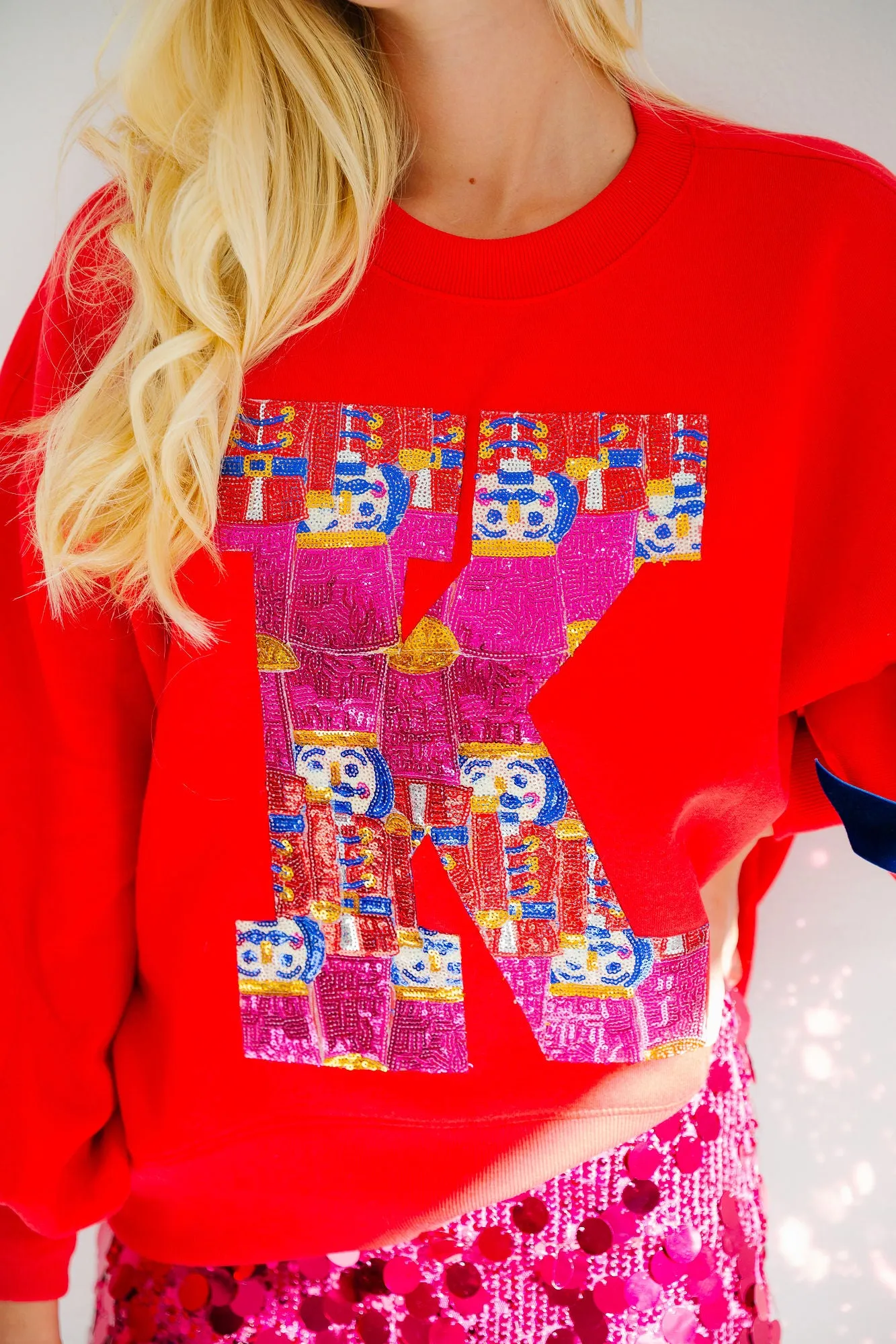 CUSTOM RED SEQUIN NUTCRACKER LETTER PULLOVER