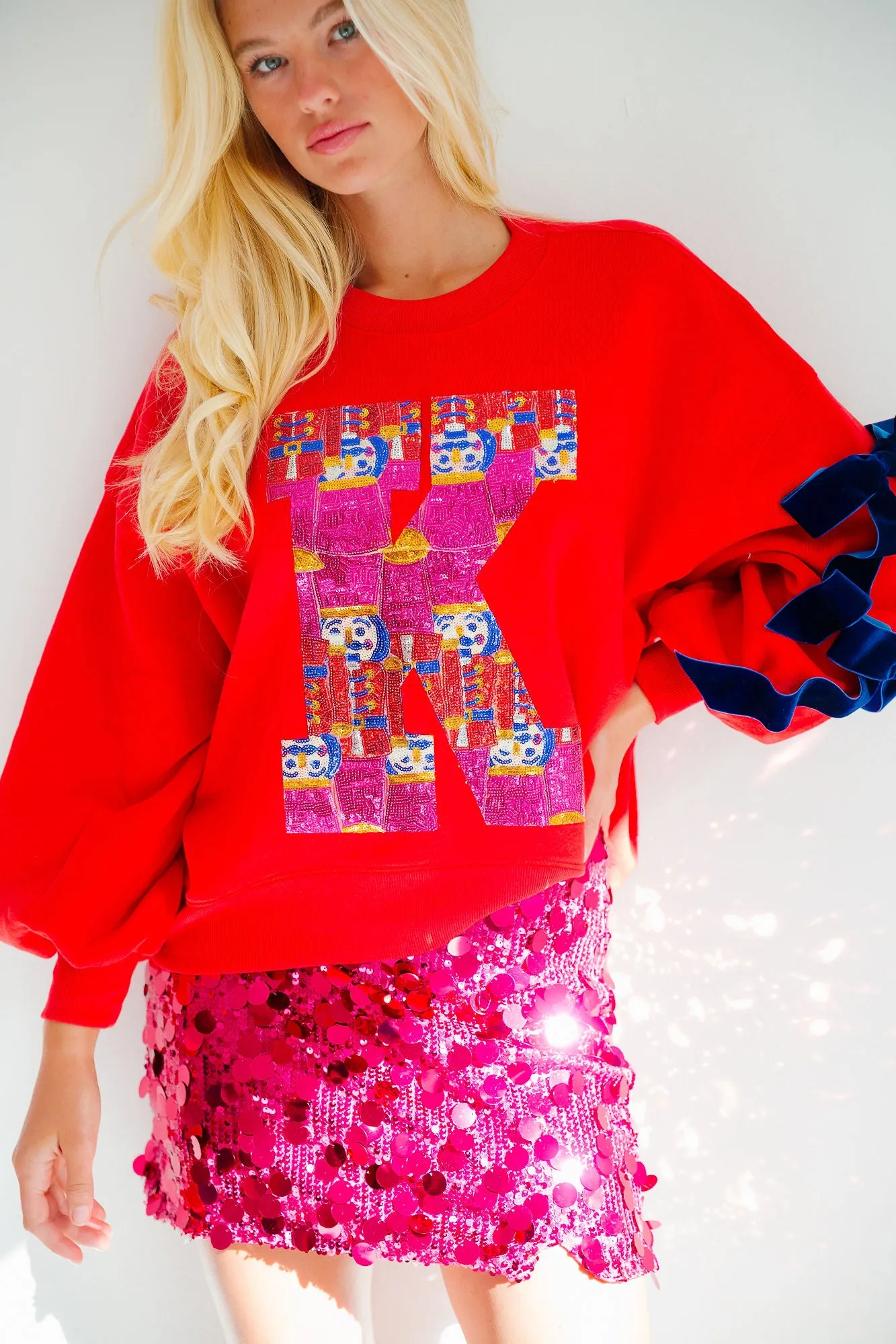 CUSTOM RED SEQUIN NUTCRACKER LETTER PULLOVER