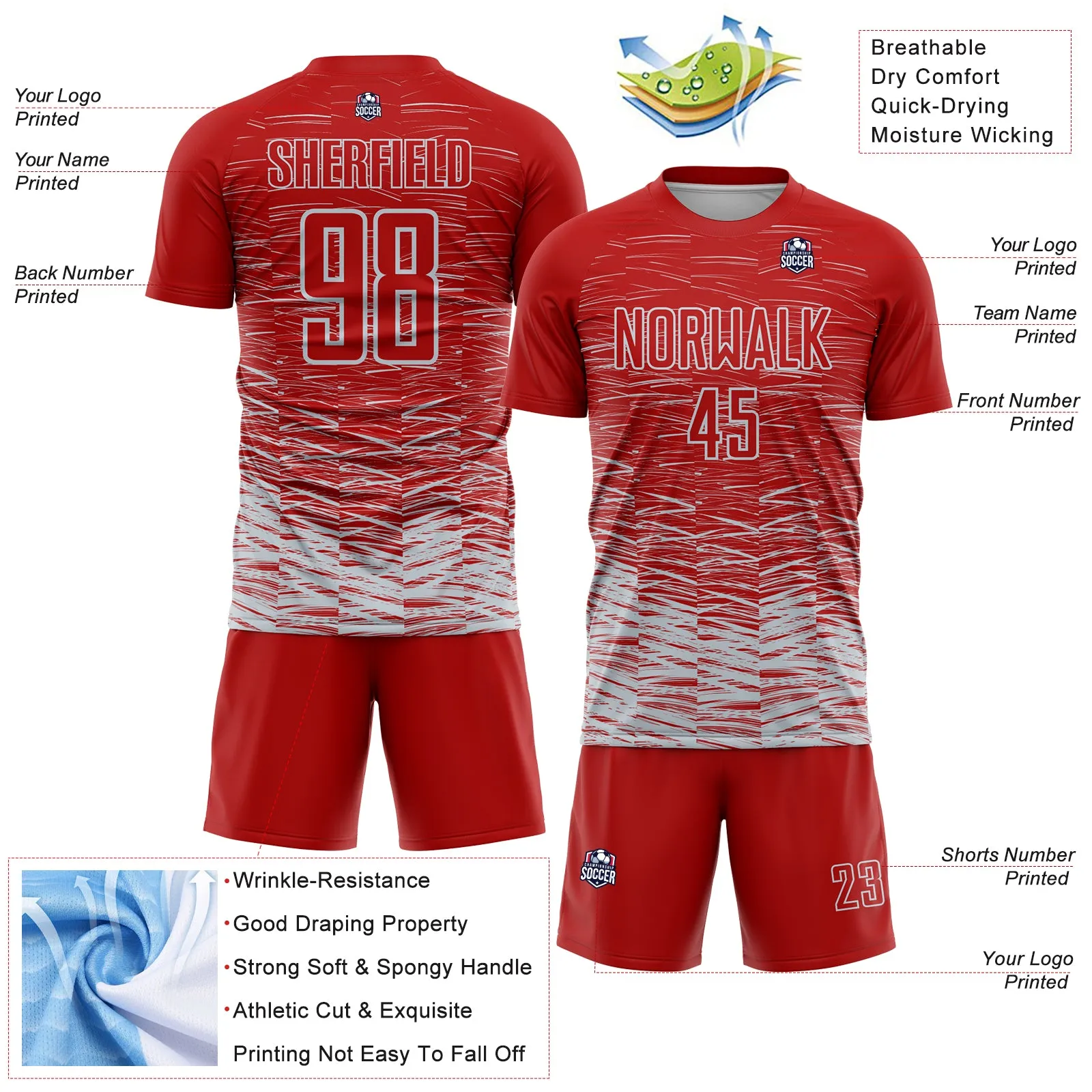 Custom Red Silver-White Line Sublimation Soccer Uniform Jersey