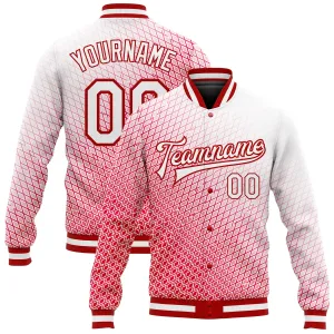 Custom Red White 3D Pattern Design Bomber Full-Snap Varsity Letterman Jacket