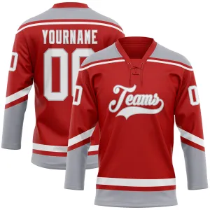 Custom Red White-Gray Hockey Lace Neck Jersey