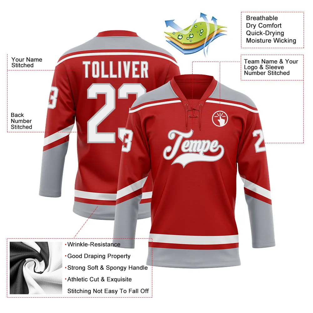 Custom Red White-Gray Hockey Lace Neck Jersey