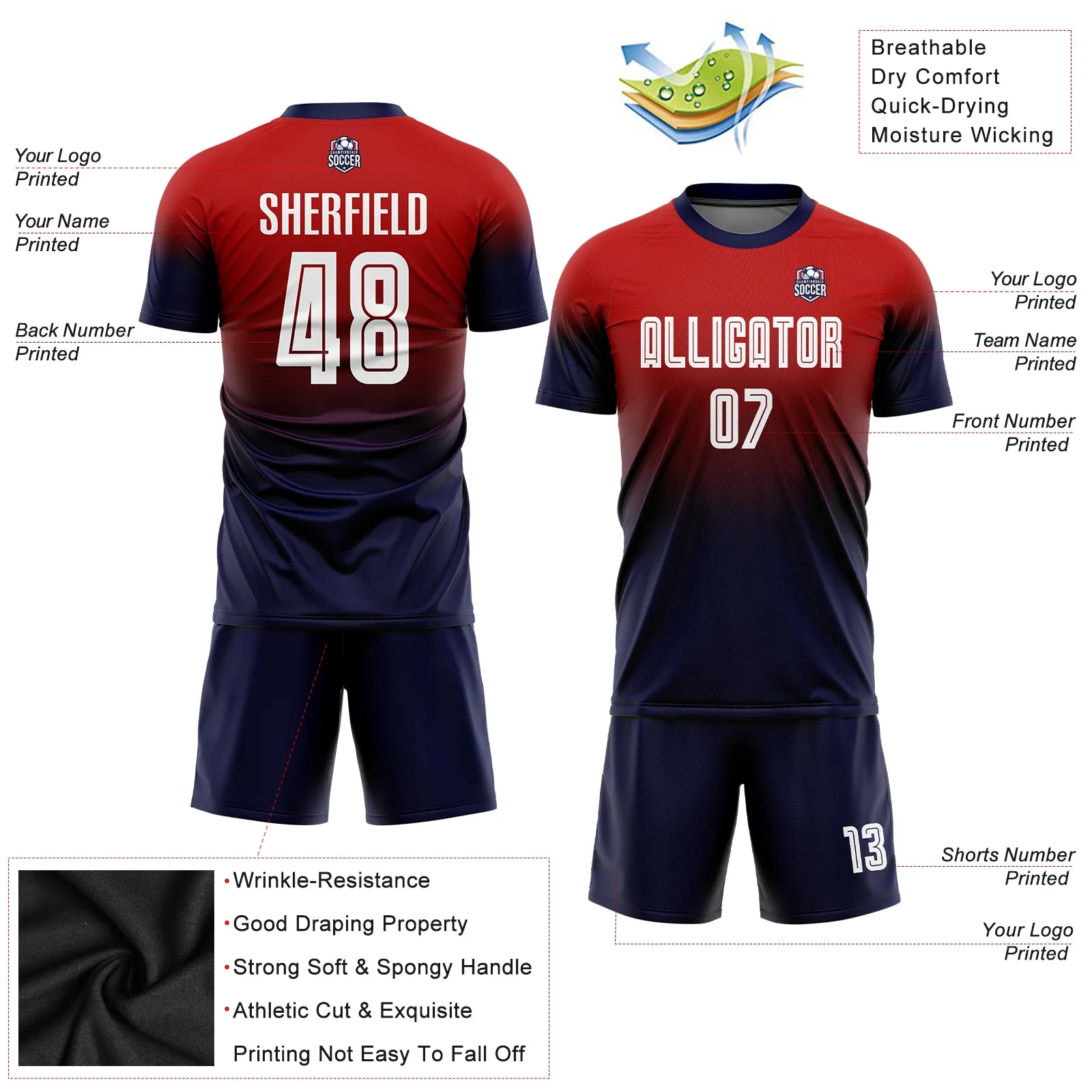 Custom Red White-Navy Sublimation Fade Fashion Soccer Uniform Jersey