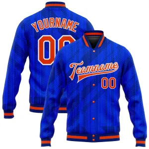 Custom Royal Orange-Navy 3D Pattern Design Bomber Full-Snap Varsity Letterman Jacket