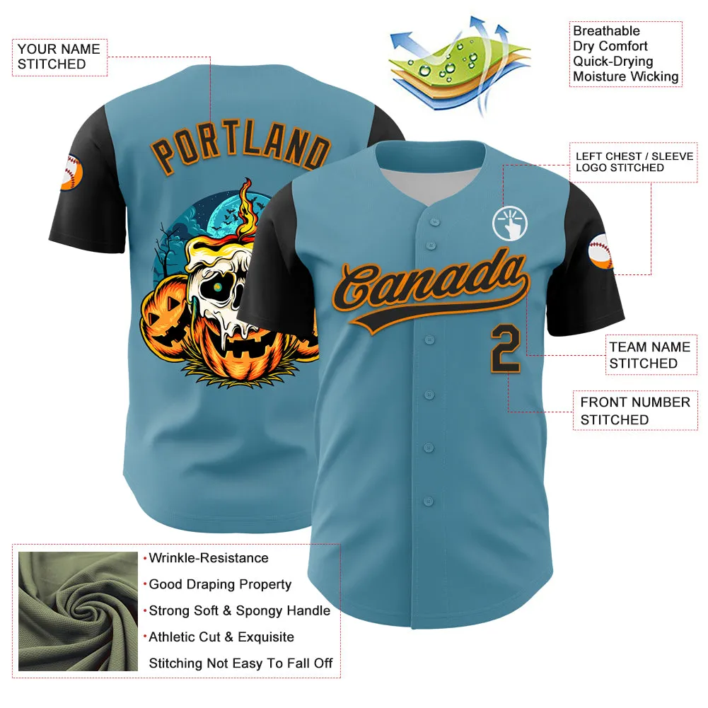 Custom Shadow Blue Black-Bay Orange 3D Halloween Authentic Baseball Jersey