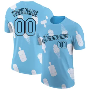 Custom Sky Blue Black-White 3D Pattern Design Summer Holiday Ice Cream Performance T-Shirt