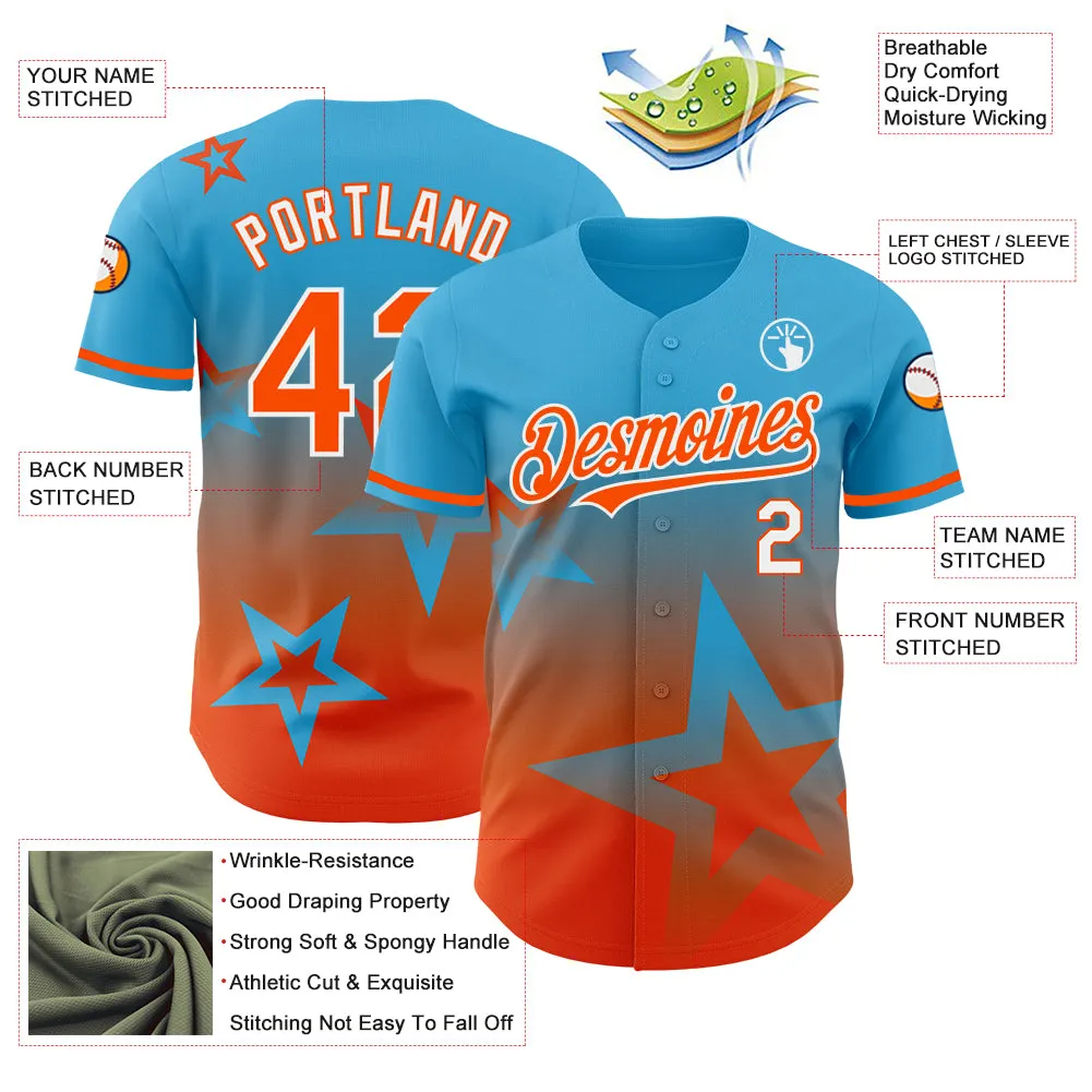 Custom Sky Blue Orange-White 3D Pattern Design Gradient Style Twinkle Star Authentic Baseball Jersey