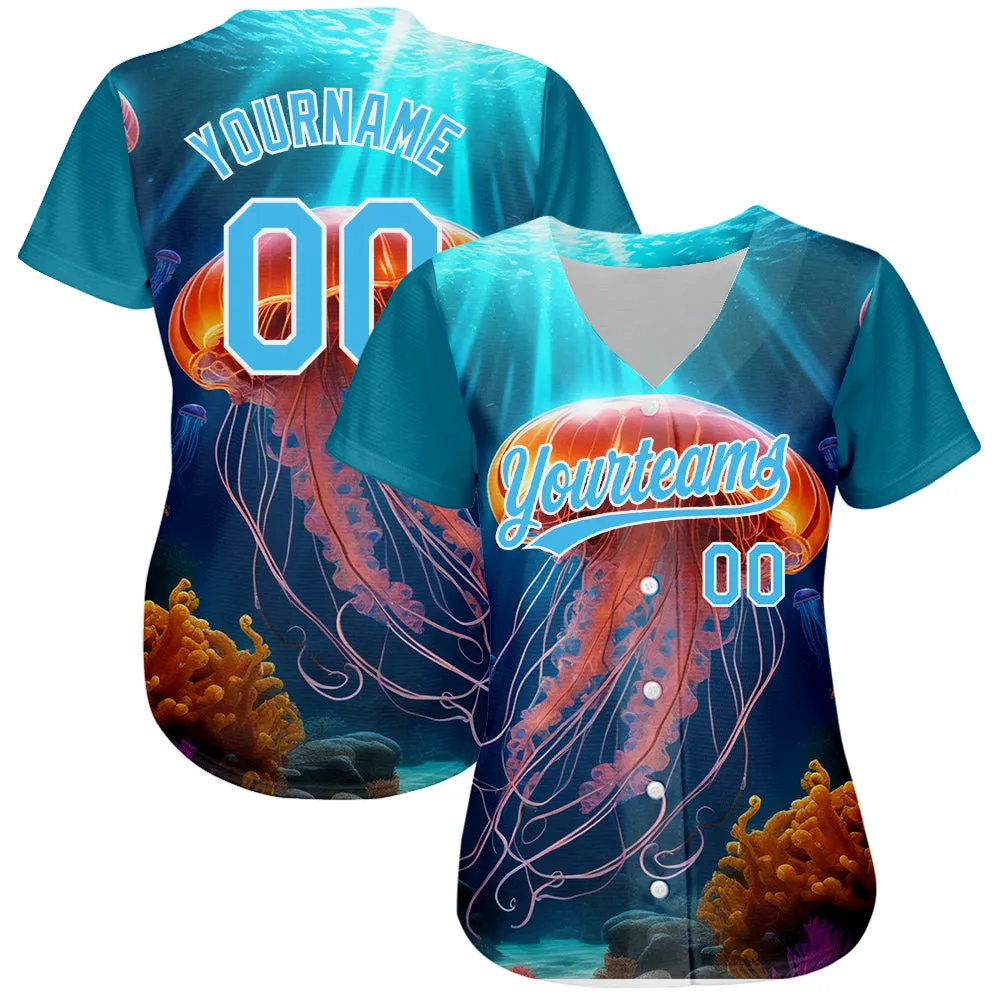 Custom Sky Blue White 3D Pattern Design Jellyfish Floating In The Ocean Authentic Baseball Jersey