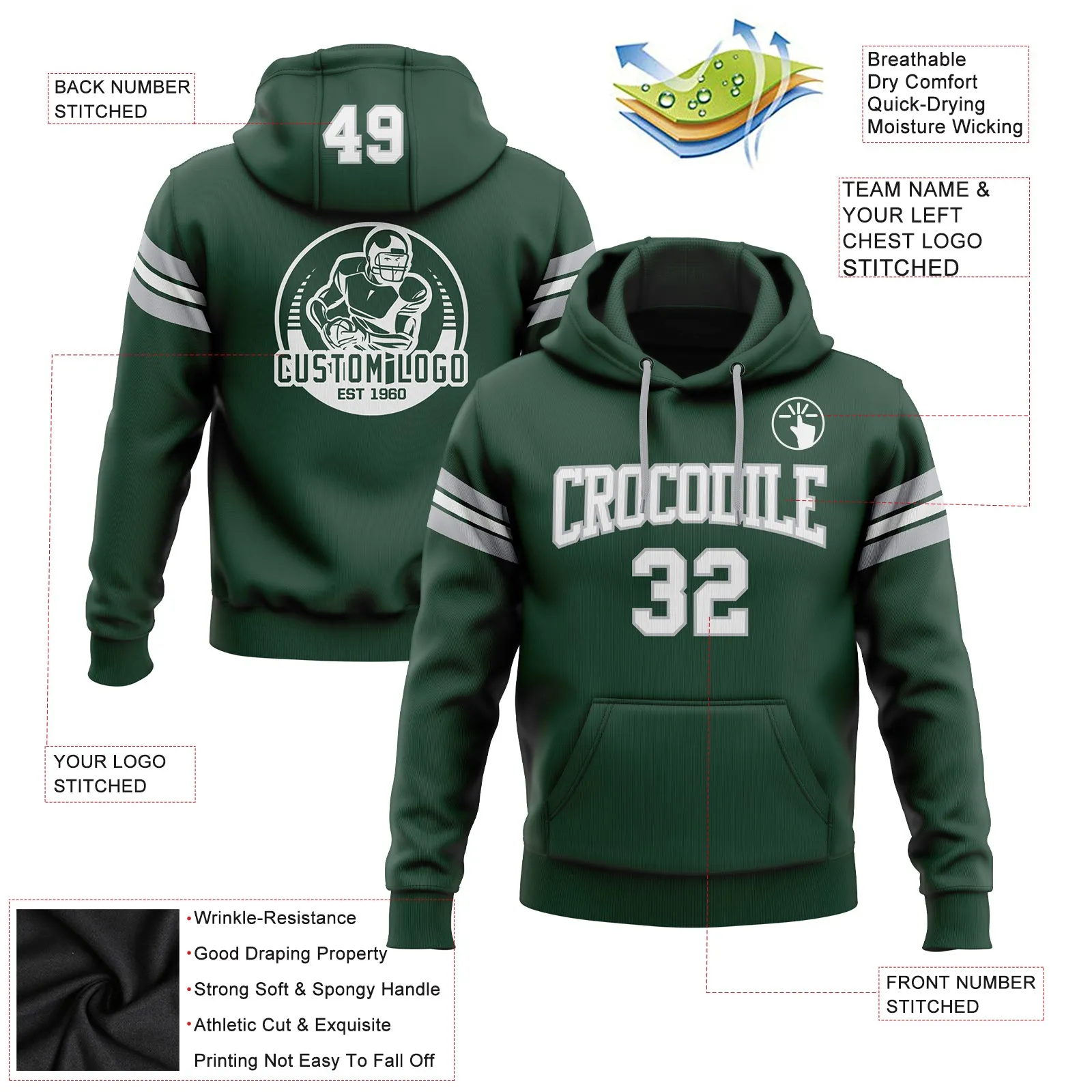 Custom Stitched Green White-Gray Football Pullover Sweatshirt Hoodie