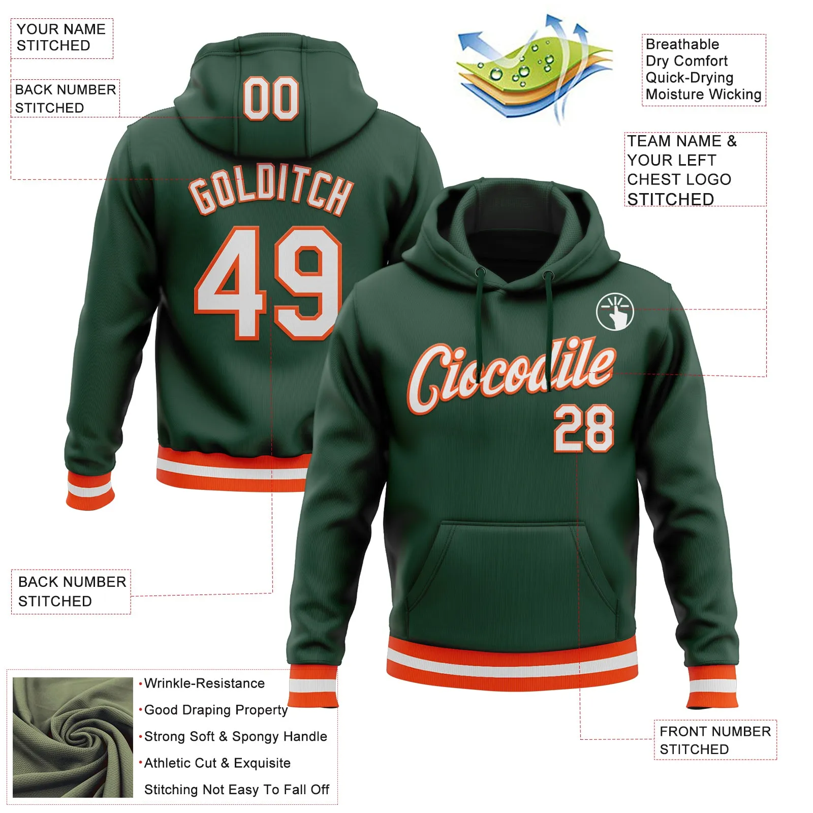 Custom Stitched Green White-Orange Sports Pullover Sweatshirt Hoodie