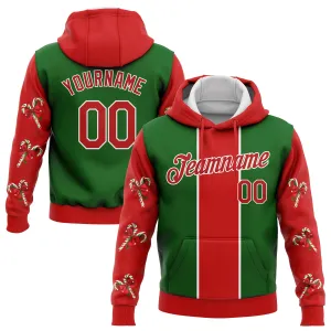 Custom Stitched Kelly Green Red-White 3D Christmas Candy Canes Sports Pullover Sweatshirt Hoodie