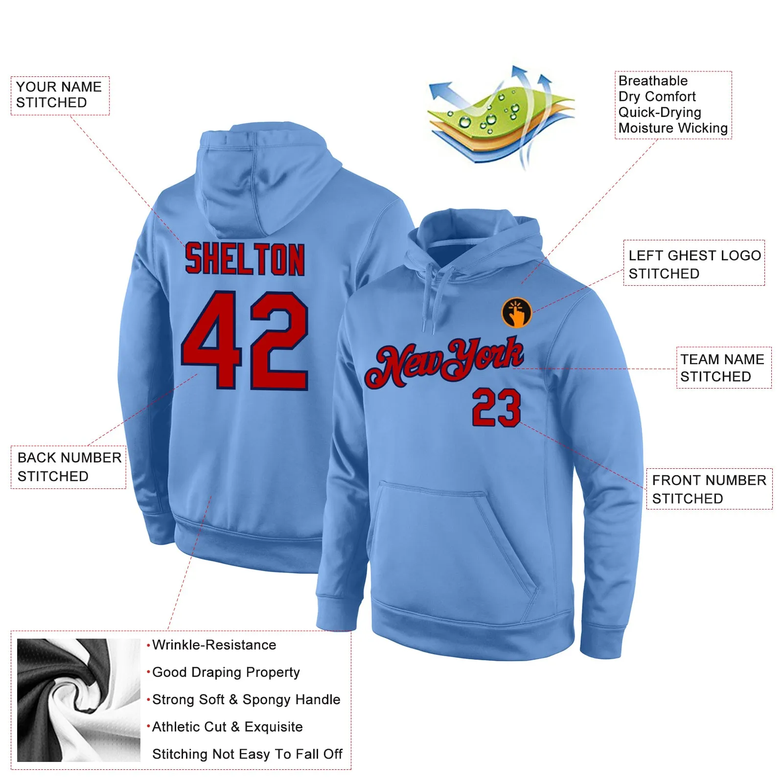 Custom Stitched Light Blue Red-Navy Sports Pullover Sweatshirt Hoodie