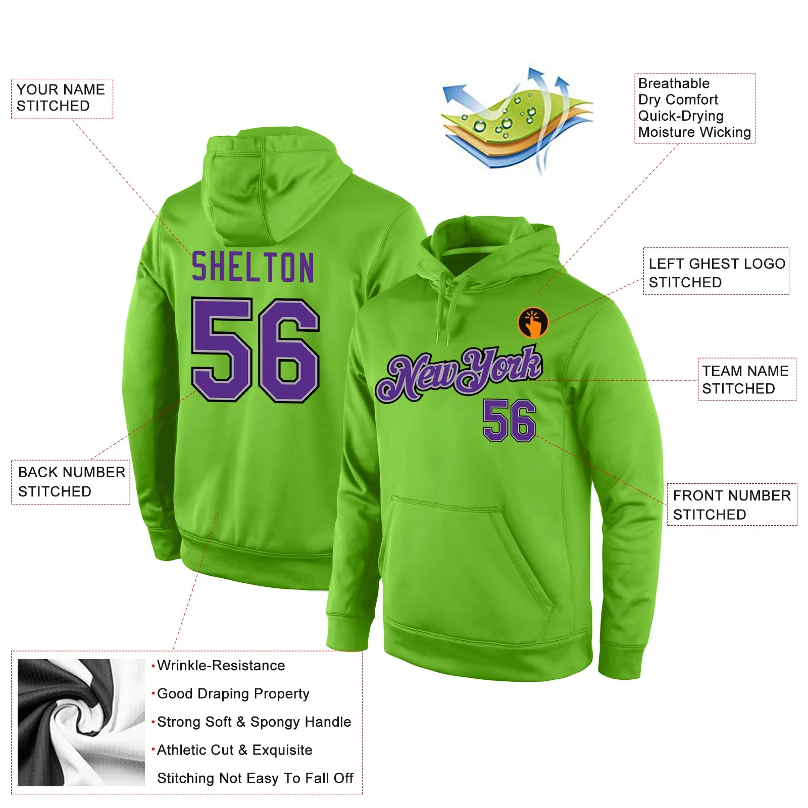 Custom Stitched Neon Green Purple-Gray Sports Pullover Sweatshirt Hoodie