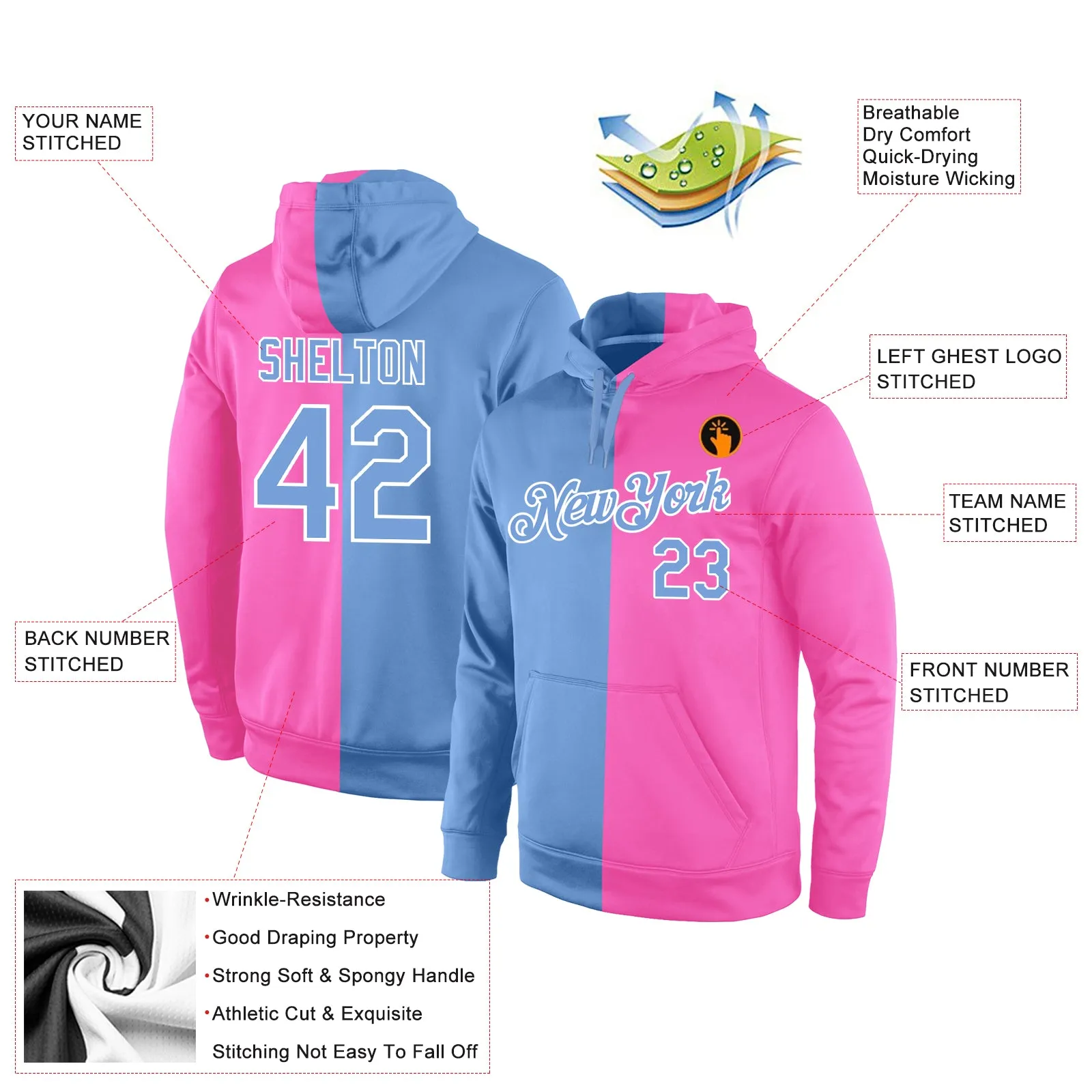 Custom Stitched Pink Light Blue-White Split Fashion Sports Pullover Sweatshirt Hoodie