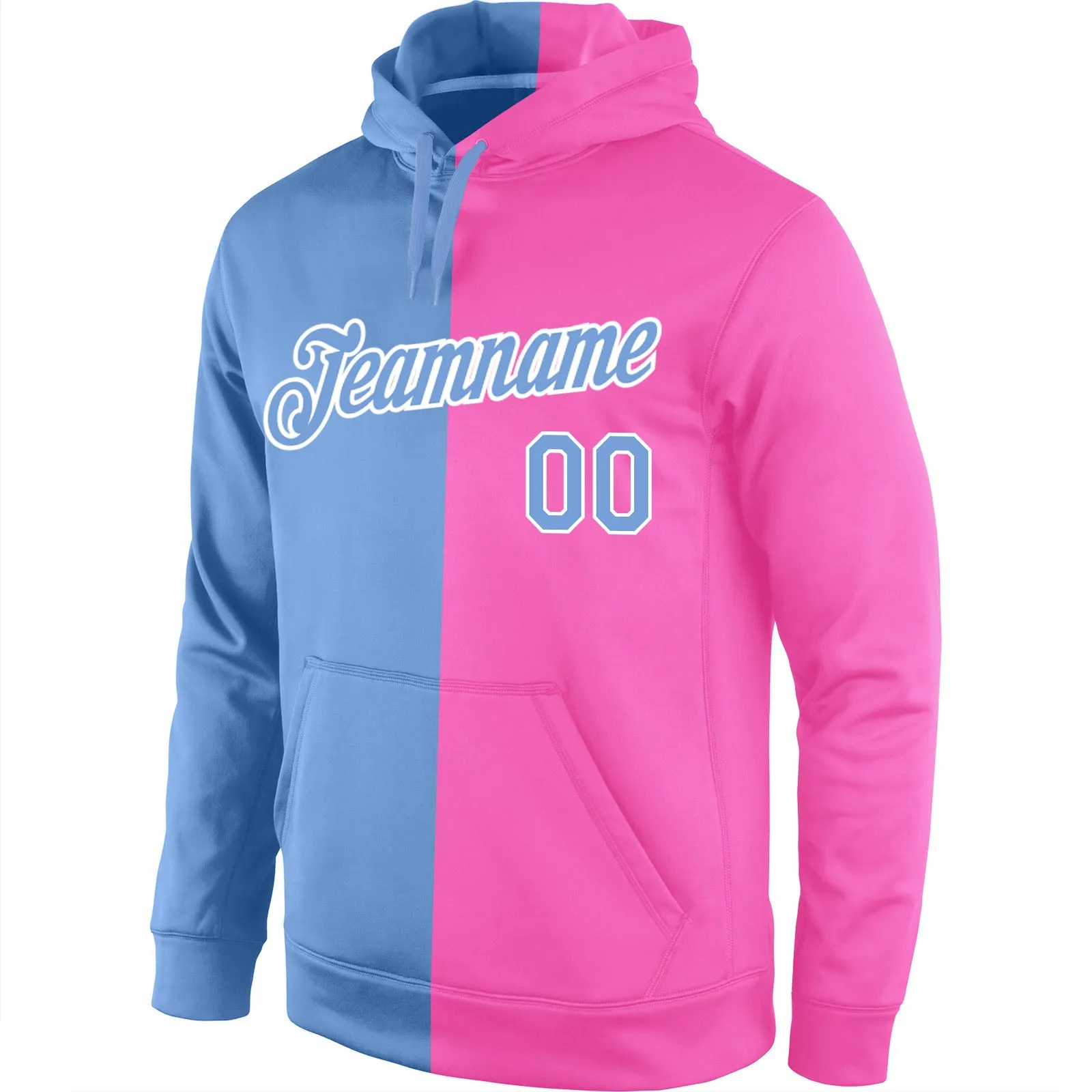 Custom Stitched Pink Light Blue-White Split Fashion Sports Pullover Sweatshirt Hoodie