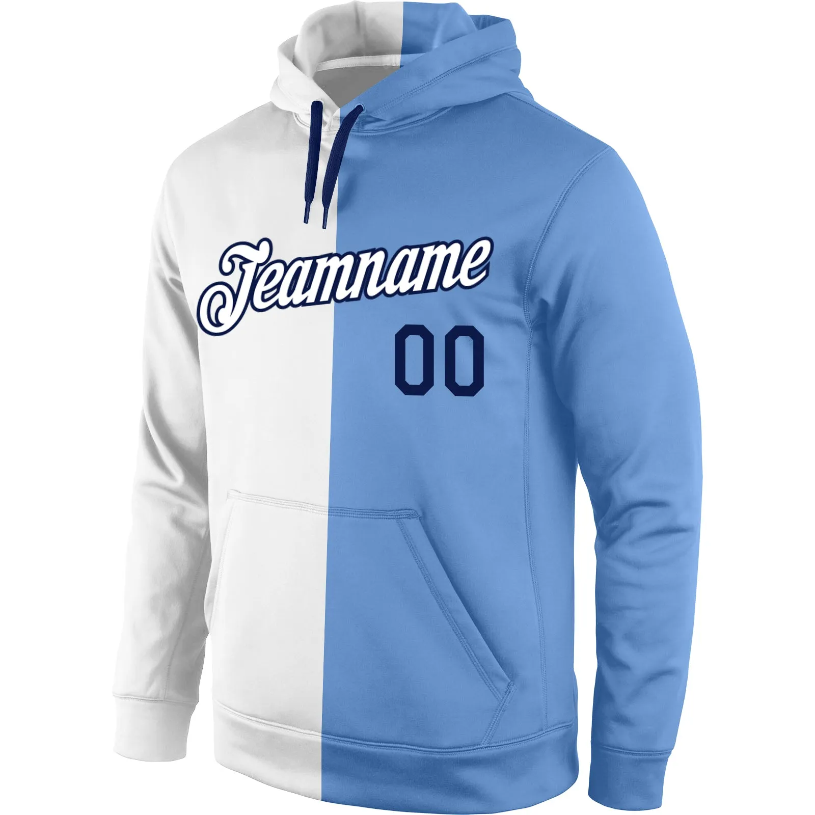 Custom Stitched White Light Blue-Navy Split Fashion Sports Pullover Sweatshirt Hoodie