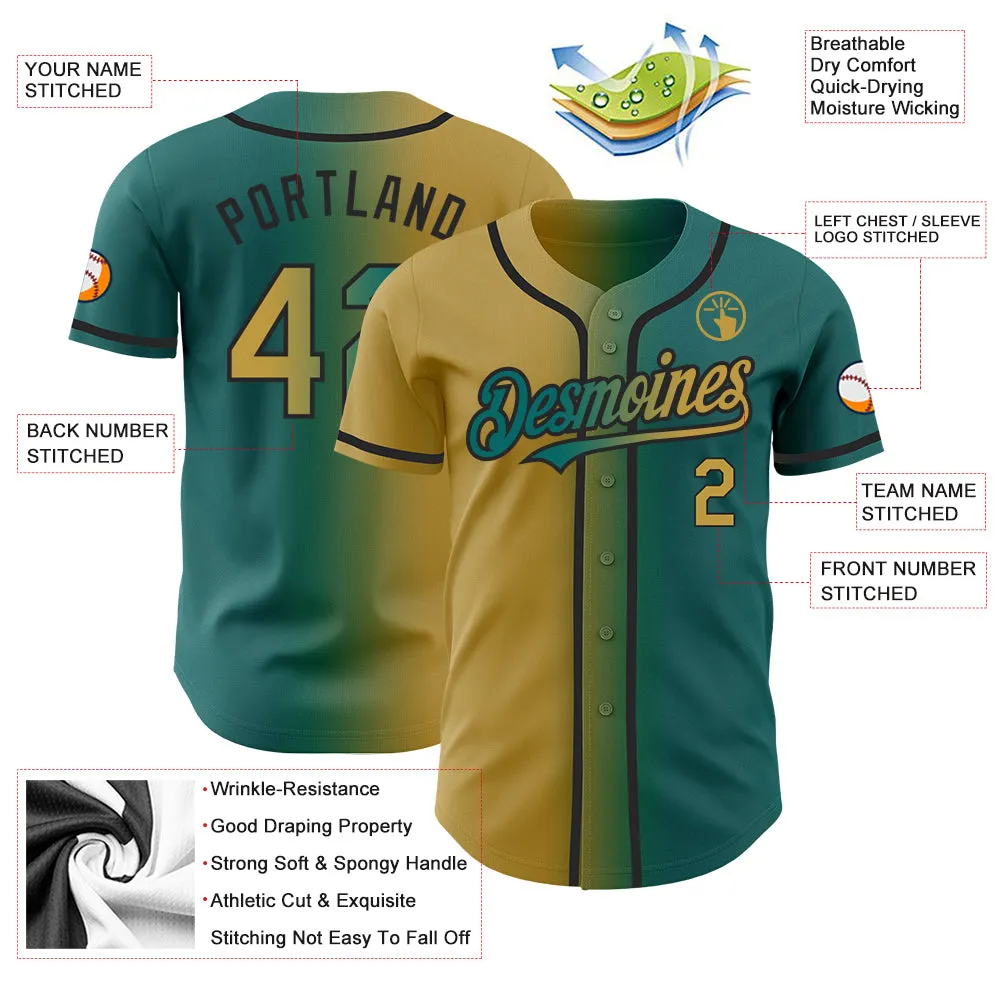 Custom Teal Old Gold-Black Authentic Gradient Fashion Baseball Jersey