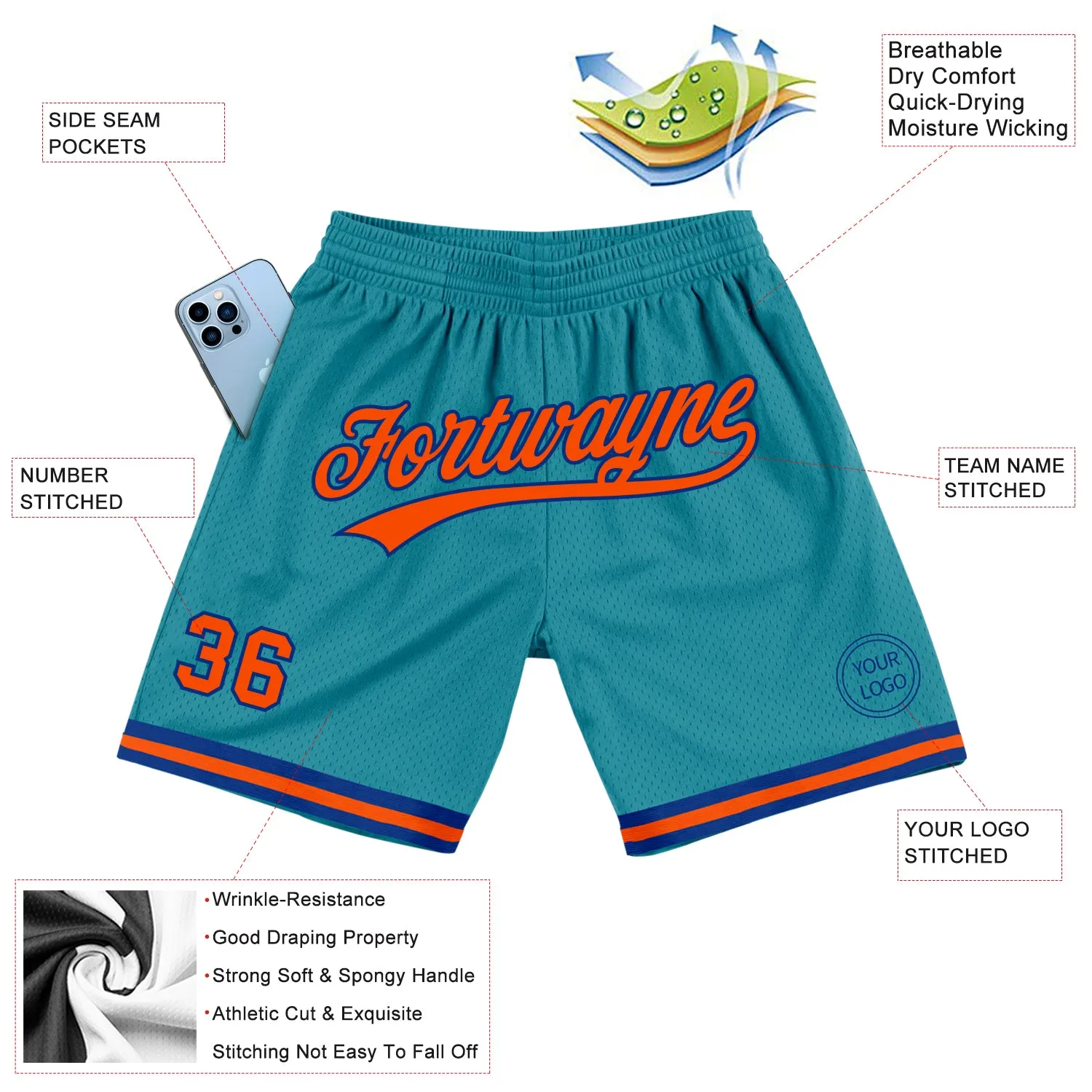 Custom Teal Orange-Royal Authentic Throwback Basketball Shorts