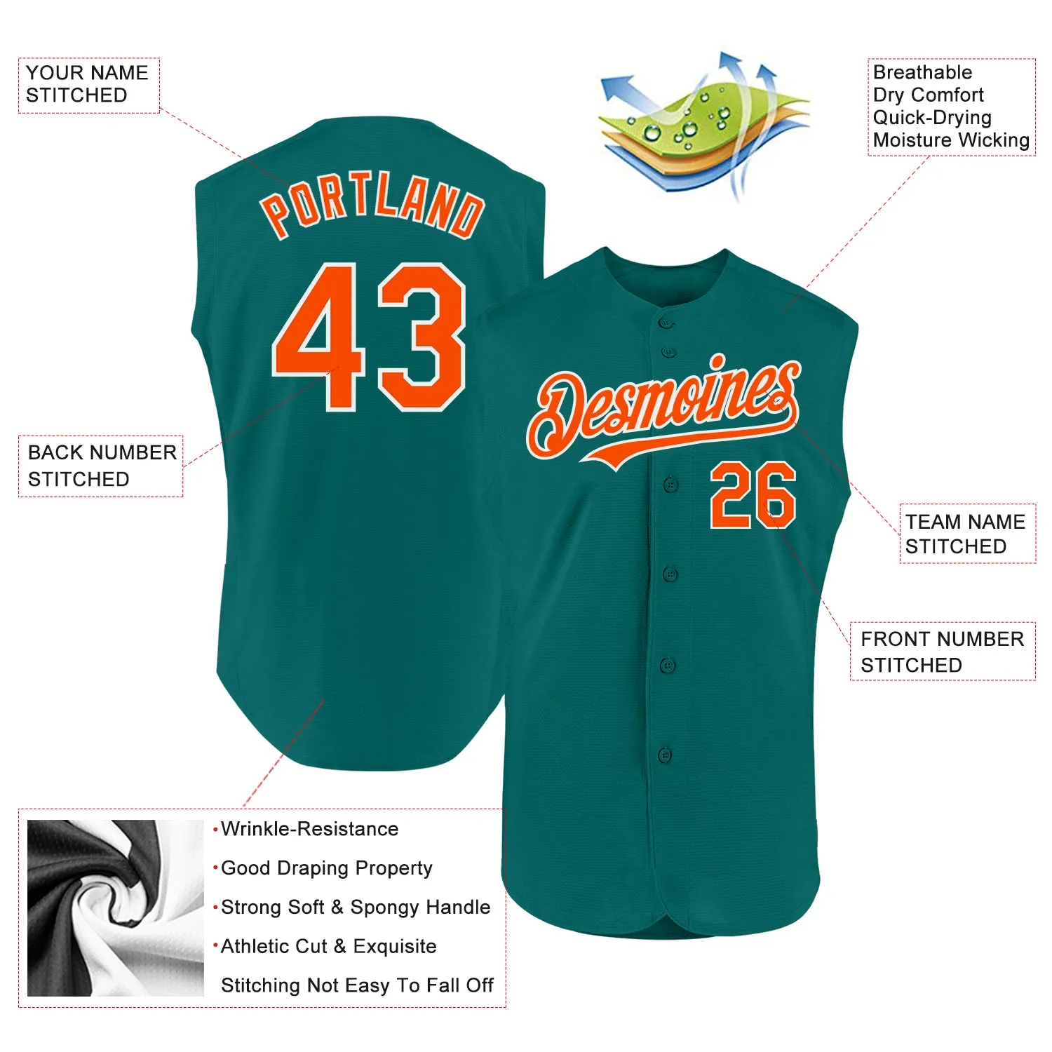 Custom Teal Orange-White Authentic Sleeveless Baseball Jersey