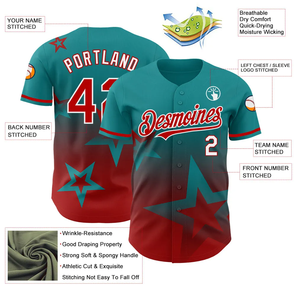 Custom Teal Red-White 3D Pattern Design Gradient Style Twinkle Star Authentic Baseball Jersey