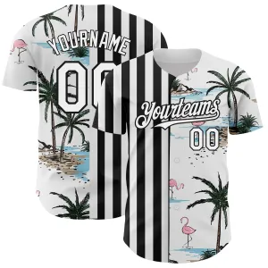 Custom White Black 3D Pattern Design Tropical Hawaii Palm Trees Authentic Baseball Jersey