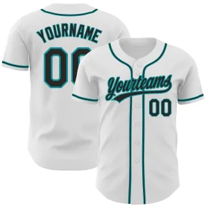 Custom White Black-Teal Authentic Baseball Jersey