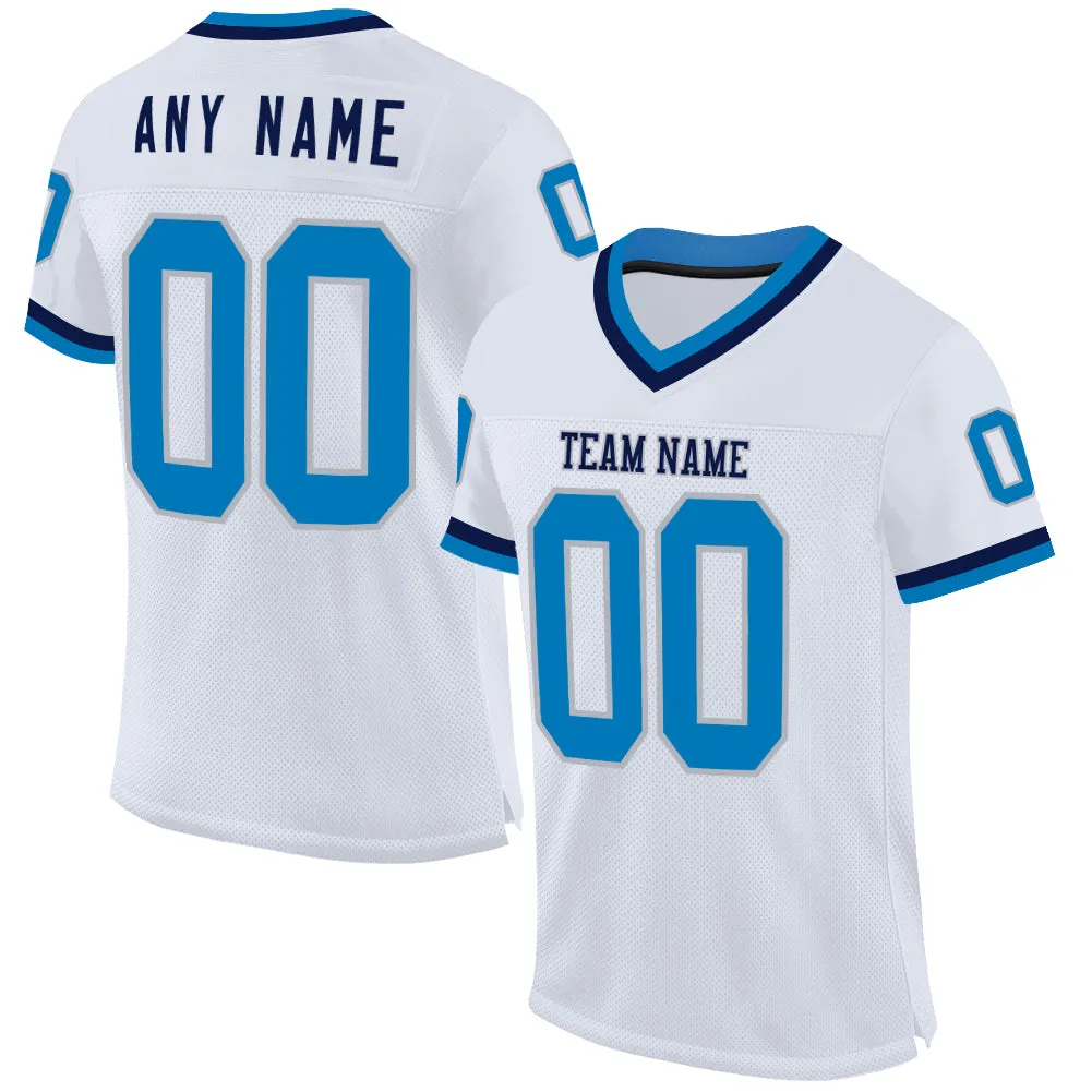 Custom White Blue Gray-Navy Mesh Authentic Throwback Football Jersey