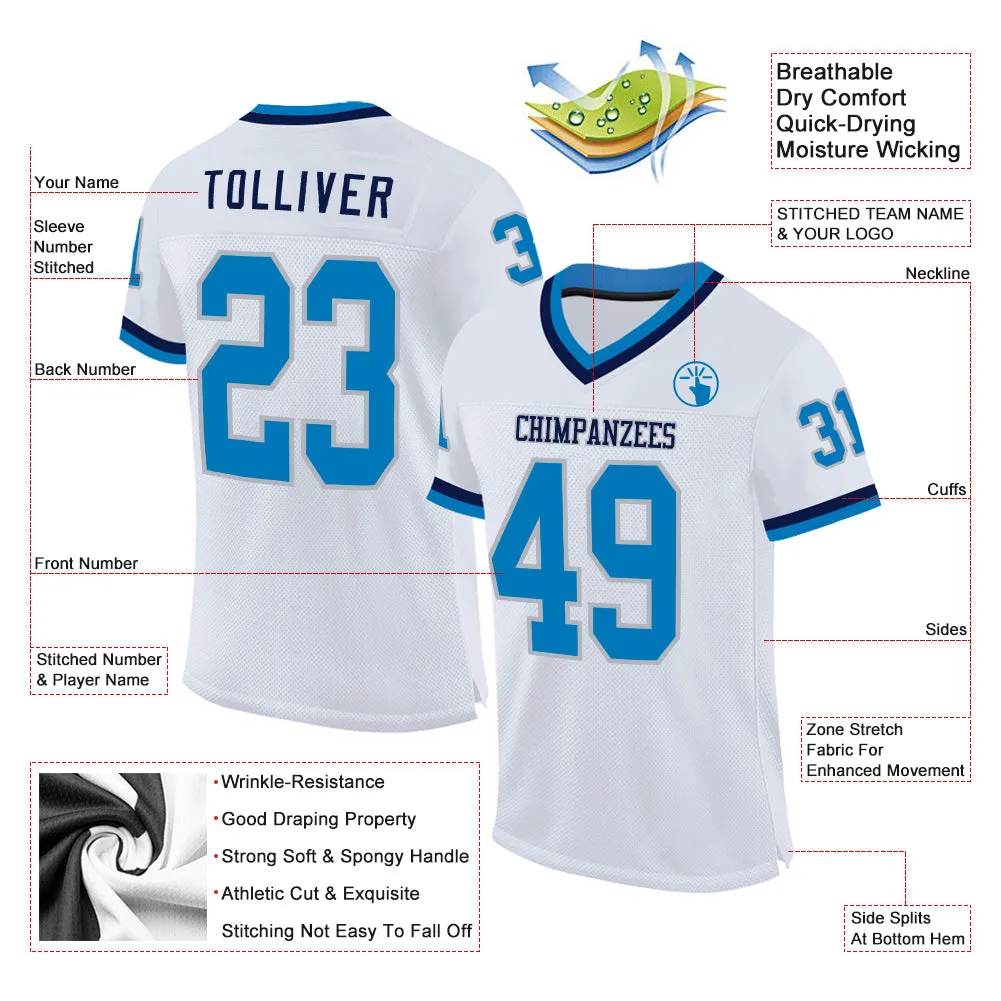 Custom White Blue Gray-Navy Mesh Authentic Throwback Football Jersey