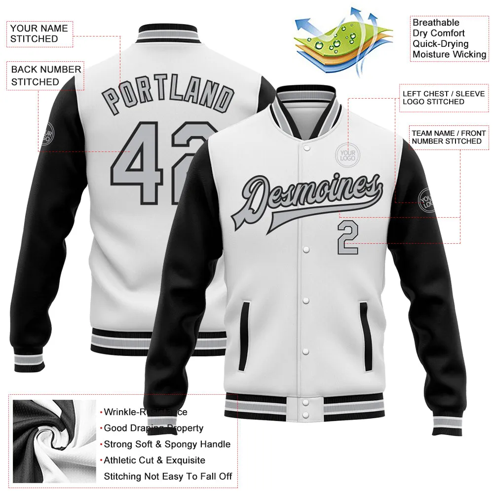 Custom White Gray-Black Bomber Full-Snap Varsity Letterman Two Tone Jacket