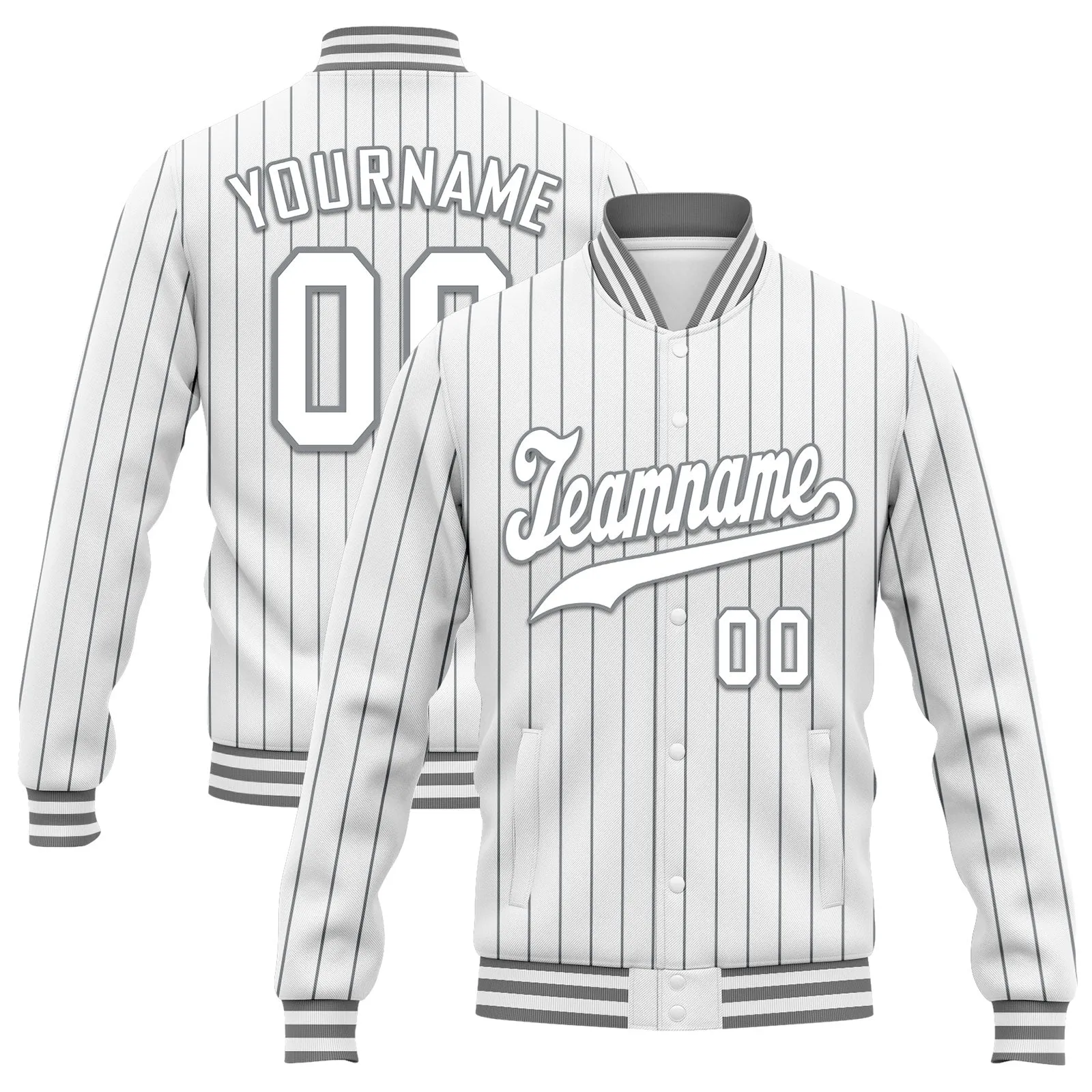 Custom White Gray Stripe Fashion Jacket Bomber Full-Snap Varsity Letterman Personalized Jacket FZ005-D020219-8