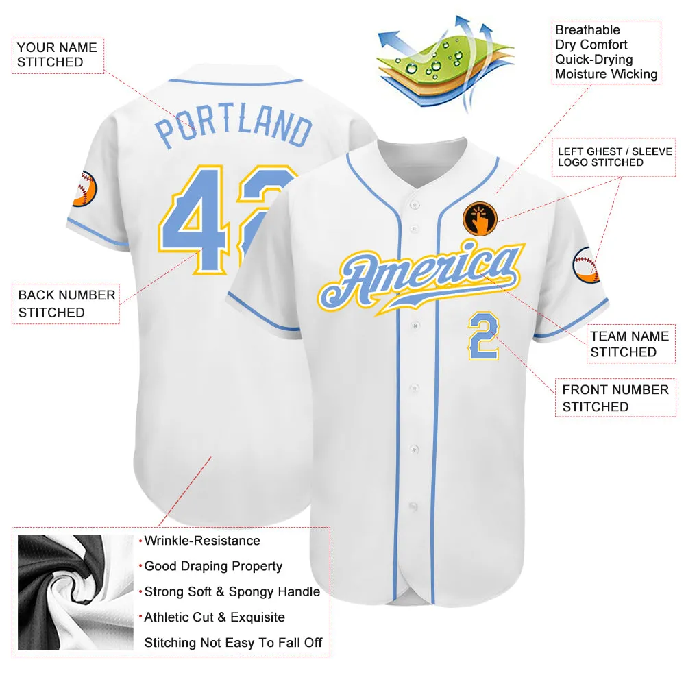 Custom White Light Blue-Gold Authentic Baseball Jersey