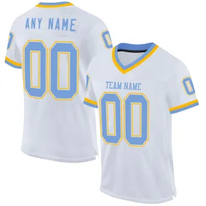 Custom White Light Blue-Gold Mesh Authentic Throwback Football Jersey