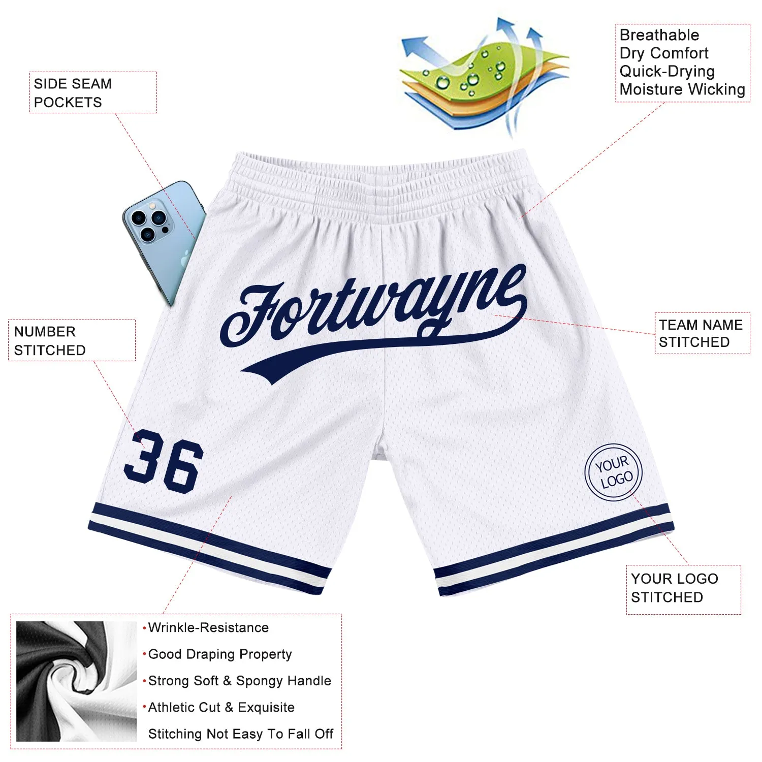 Custom White Navy Authentic Throwback Basketball Shorts