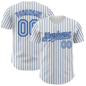 Custom White (Navy Light Blue Pinstripe) Light Blue-Navy Authentic Baseball Jersey