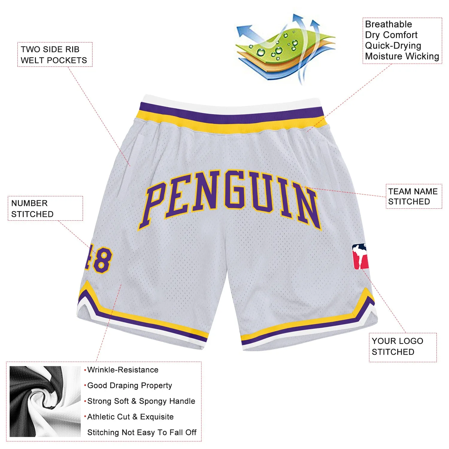 Custom White Purple-Gold Authentic Throwback Basketball Shorts