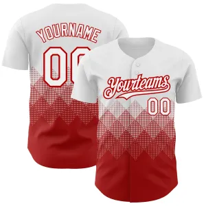 Custom White Red 3D Pattern Design Gradient Square Shapes Authentic Baseball Jersey