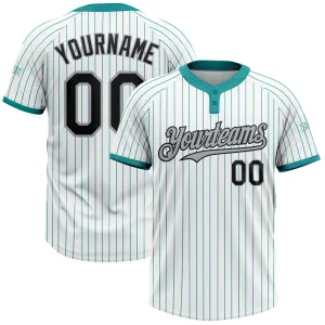 Custom White Teal Pinstripe Black-Gray Two-Button Unisex Softball Jersey