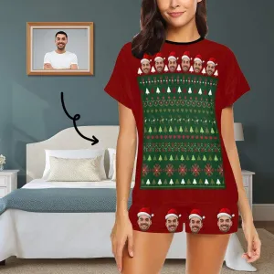 Custom Womens Christmas Pajamas Loungewear Personalized Face Christmas Tree Women's Short Pajama Set