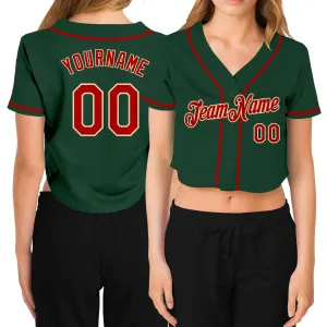 Custom Women's Green Red-Cream V-Neck Cropped Baseball Jersey