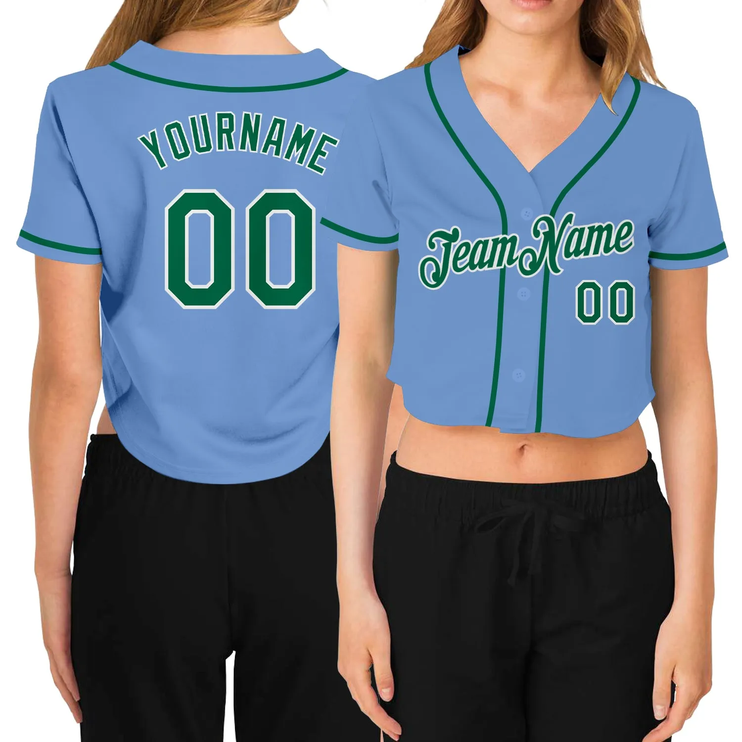 Custom Women's Light Blue Kelly Green-White V-Neck Cropped Baseball Jersey