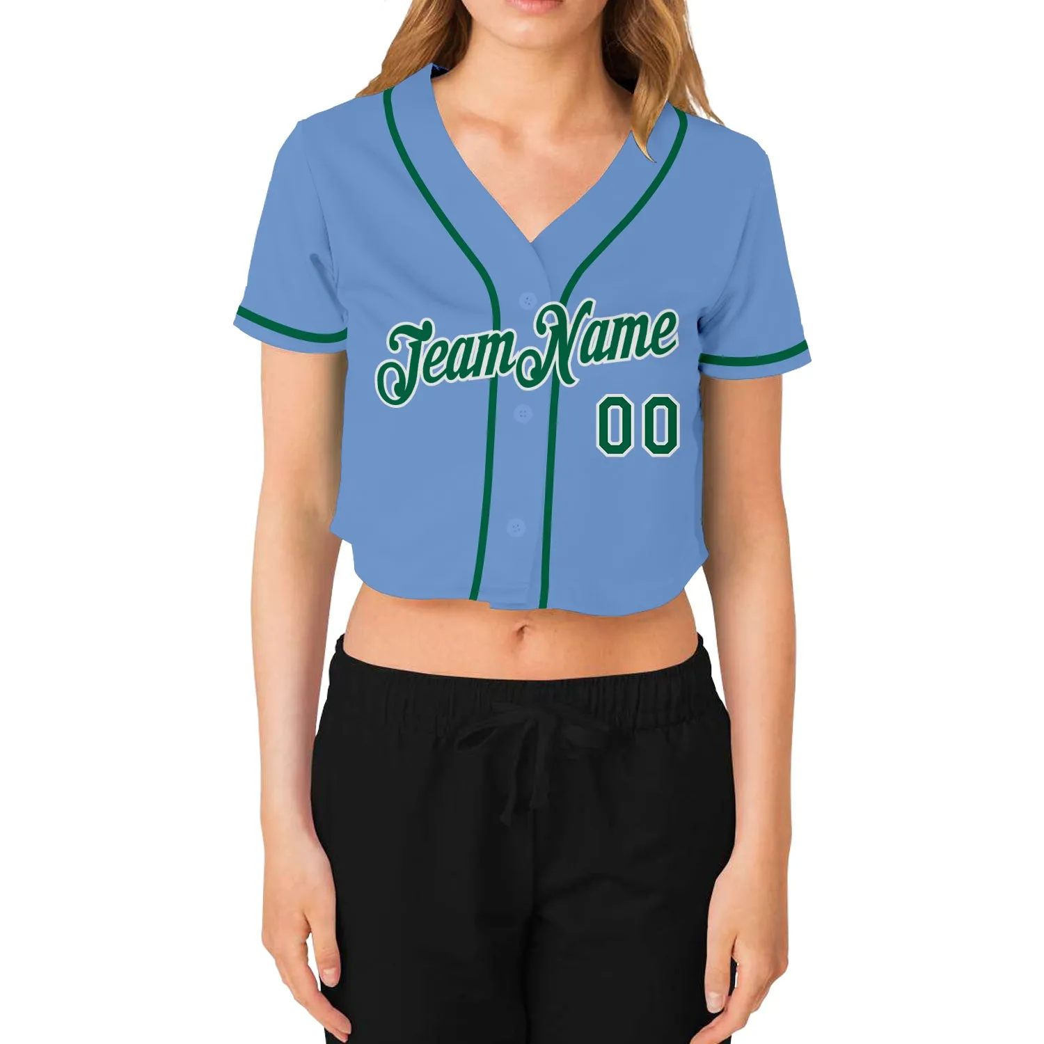 Custom Women's Light Blue Kelly Green-White V-Neck Cropped Baseball Jersey