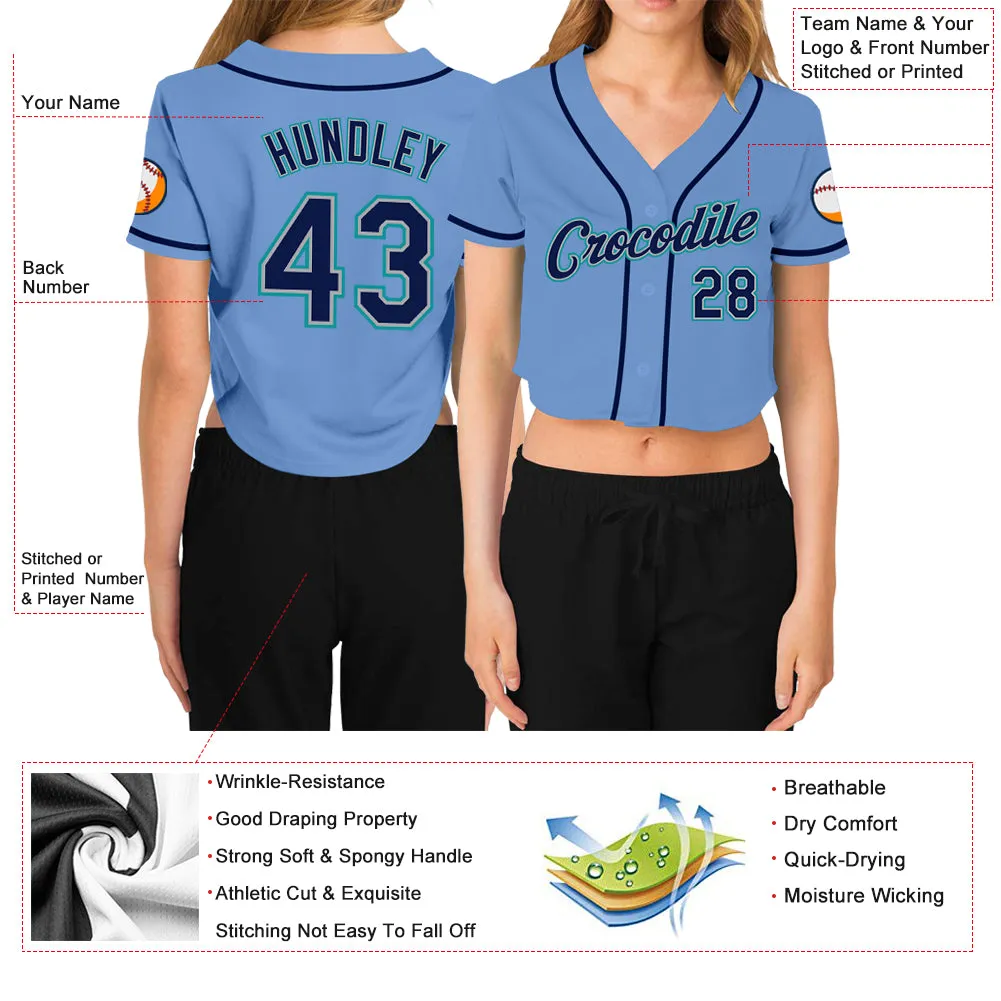 Custom Women's Light Blue Navy Gray-Aqua V-Neck Cropped Baseball Jersey