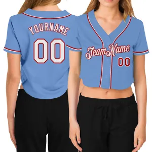 Custom Women's Light Blue White-Red V-Neck Cropped Baseball Jersey