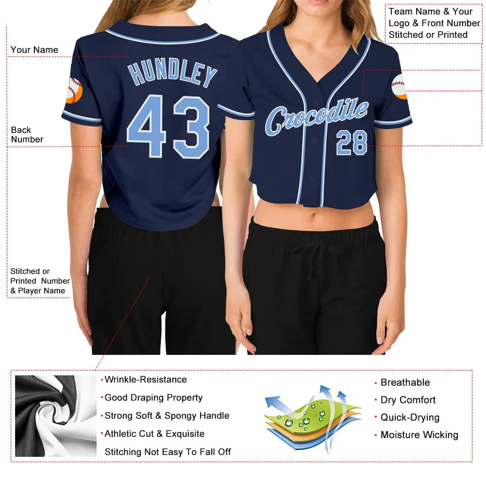 Custom Women's Navy Light Blue-White V-Neck Cropped Baseball Jersey